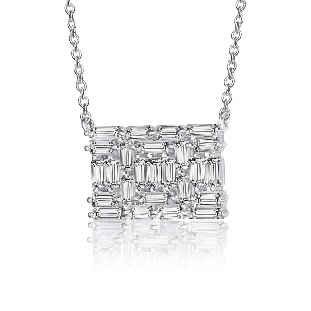 Sterling Silver Clear Emerald Cubic Zirconia Rectangular Cluster Necklace.